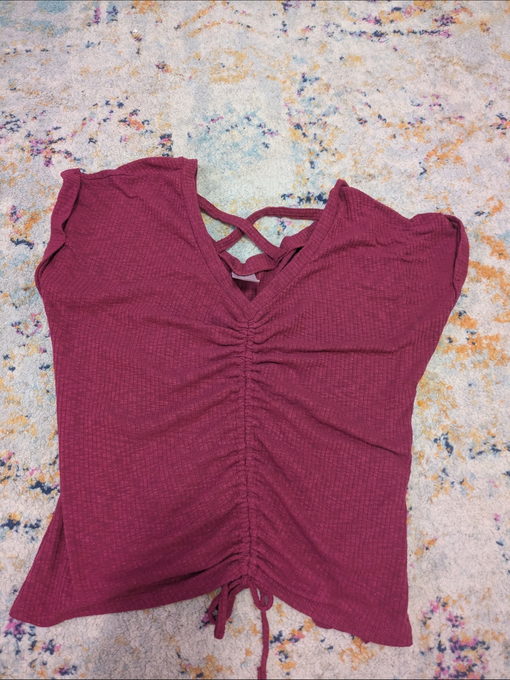 No Boundaries Ruched V-Neck Crop Top in Burgundy Wine